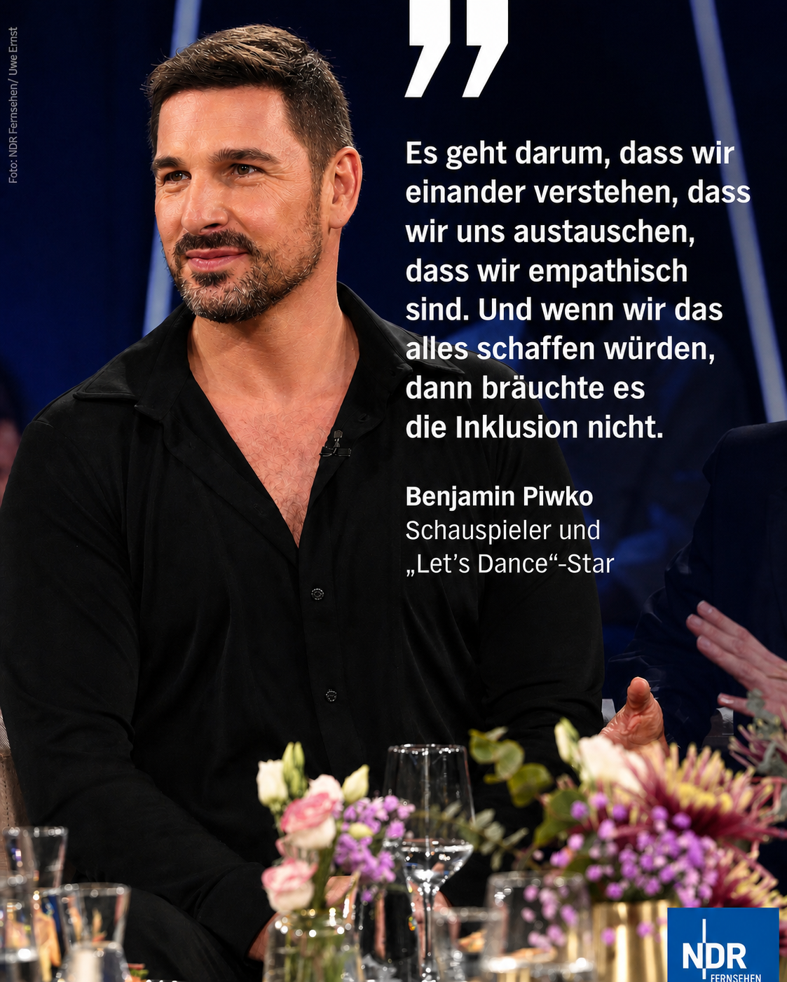 Benjamin Piwko bei der NDR Talk Show mit Zitat über Inklusion